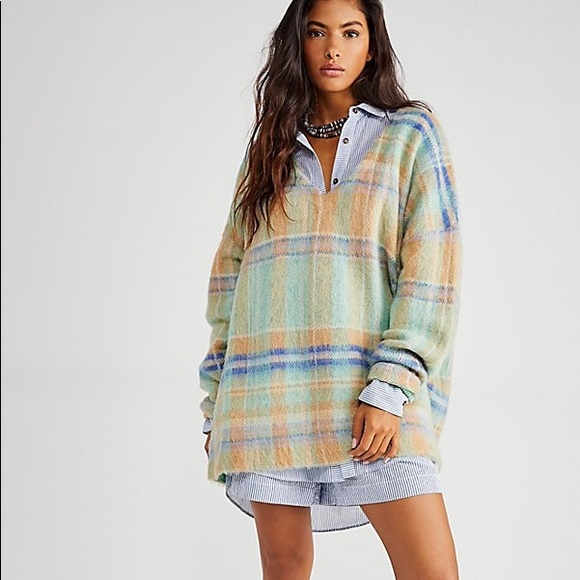 NWOT FREE PEOPLE PRIMROSE PLAID TUNIC SWEATER IN JADE COMBO Z328-13 - Picture 1 of 3